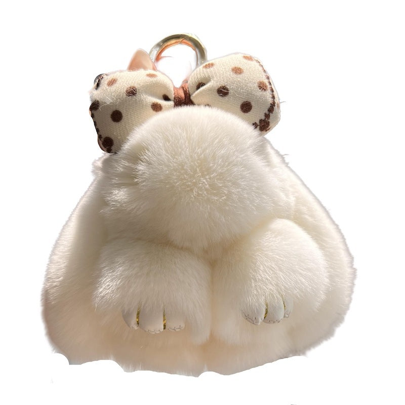 Cute Real Rex Rabbit Hair Bow Bunny Car Key Ring Pendant