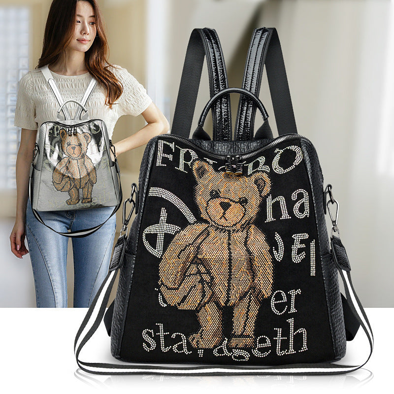 Mochila multifuncional de piel con diseño de oso y diamantes de imitación
