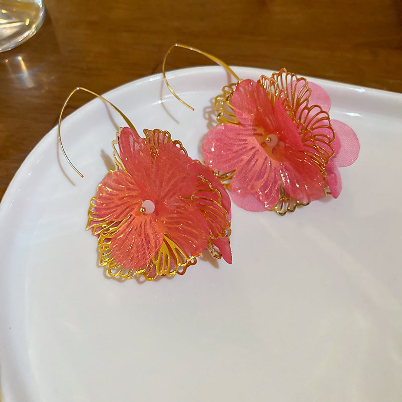 Silver Needle Fabric Flower Pendant Earrings For Women