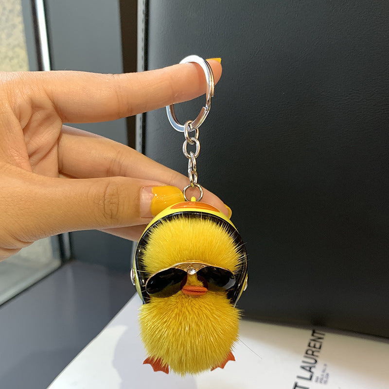 Mini Mink Hair Small Yellow Duck Car Key Ring Pendant Cute Plush Schoolbag Pendant Gift