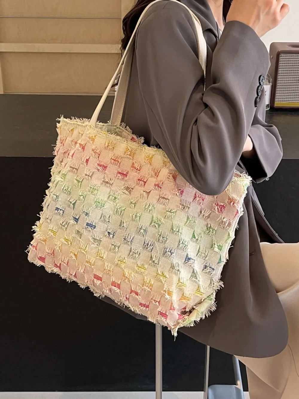 Rainbow Raw Hem Tote Bag
