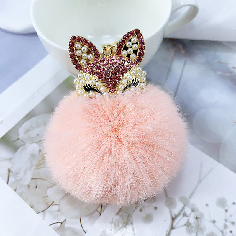 Alloy Pearl Rhinestone Fox Fur Ball Keychain Pendant