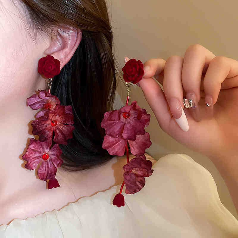 Fabric Roses Long Fashion Earrings