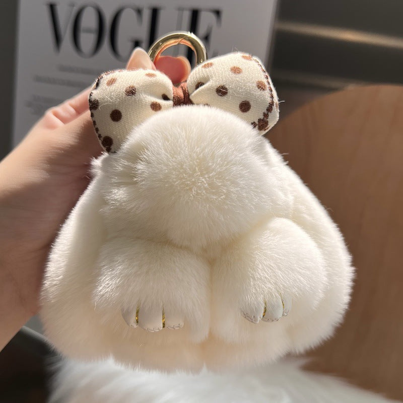 Cute Real Rex Rabbit Hair Bow Bunny Car Key Ring Pendant