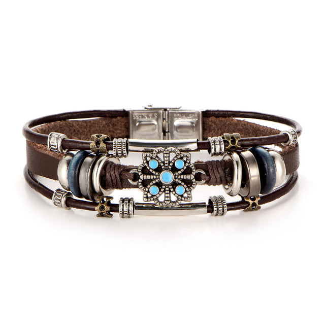 2 pcs Tibet Stone Feather Multilayer Leather Bracelet Eye Fish Charms Beads Bracelets for Men Vintage Punk Wrap Wristband