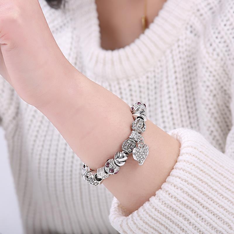 Pulsera de plata 925 con cristales y dijes únicos para mujer. Pulseras y brazaletes de cuentas DIY.
