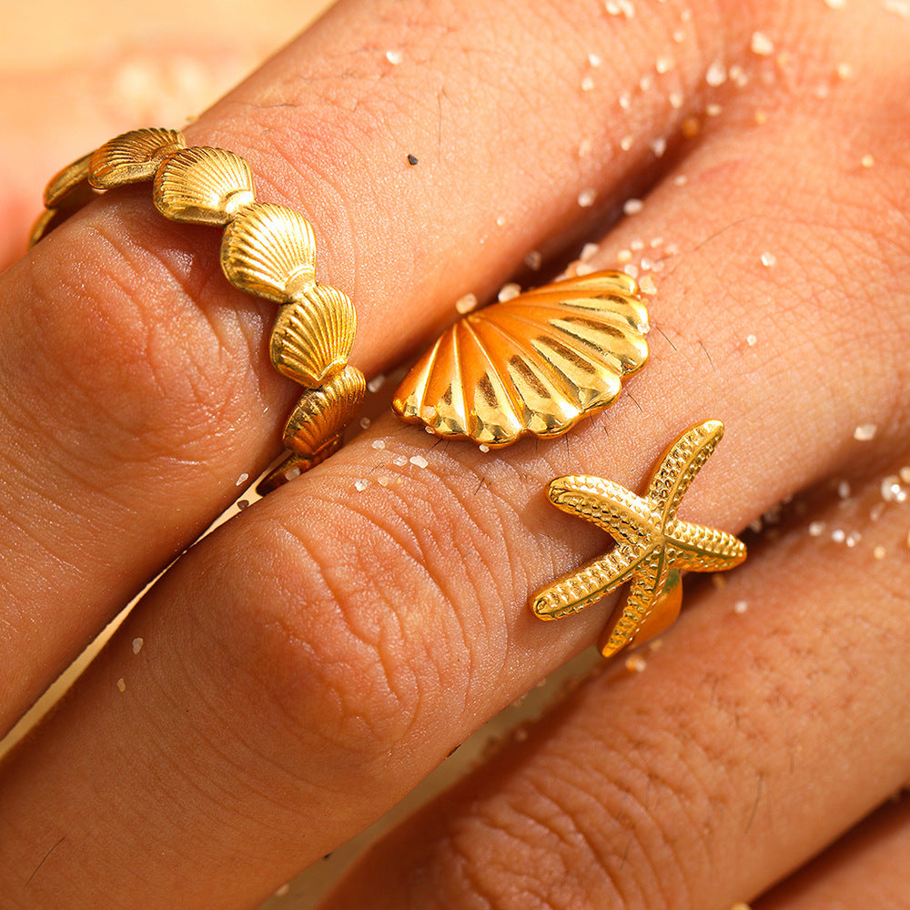 Marine Elements Vacation Style Shell Starfish Open Adjustable Ring For Women