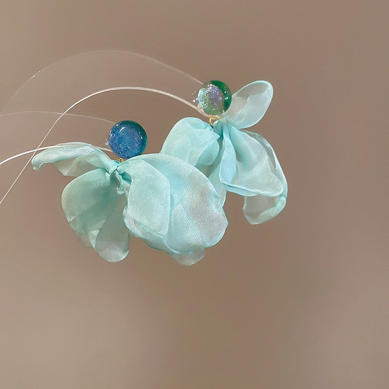 Silver Needle Fabric Flower Pendant Earrings For Women