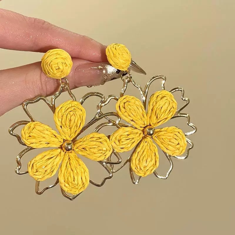 Silver Needle Fabric Flower Pendant Earrings For Women