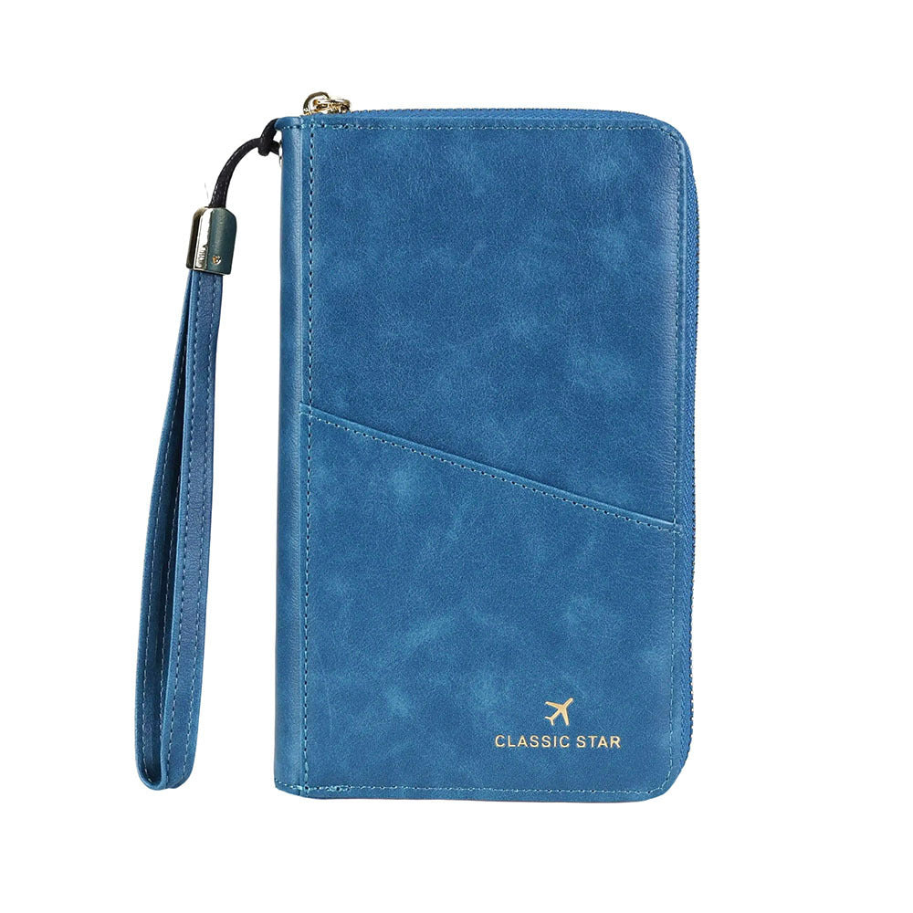 Cartera de cuero genuino con porta pasaporte y barrera RFID