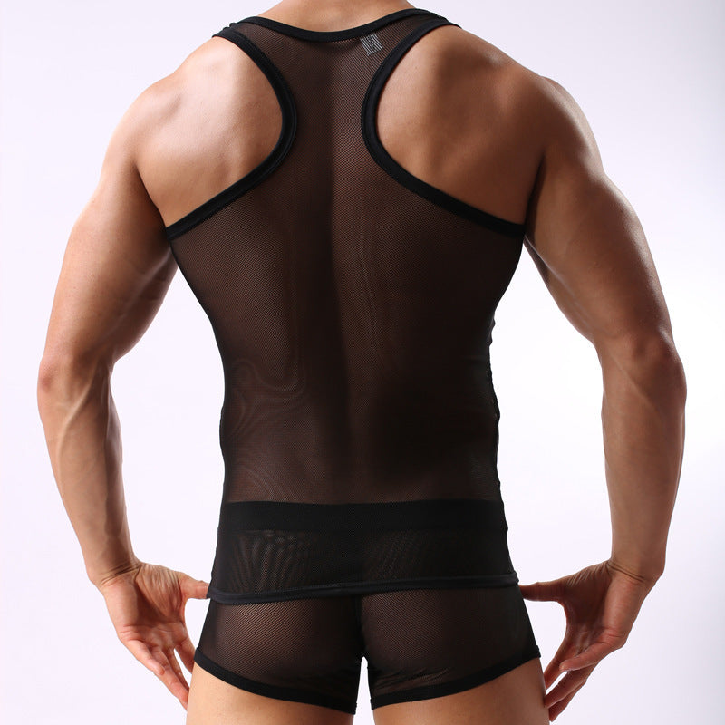 Fitness Transparent Cutout Mesh Men's Underwear Mesh Style For Sports Hurdles Vest Shorts Set