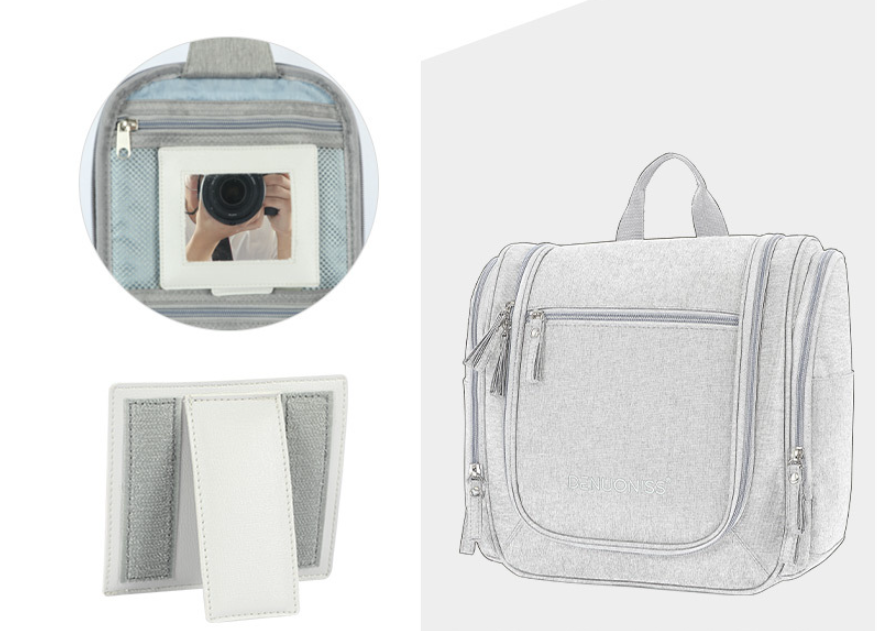 Women's travel toiletry bag with makeup mirror