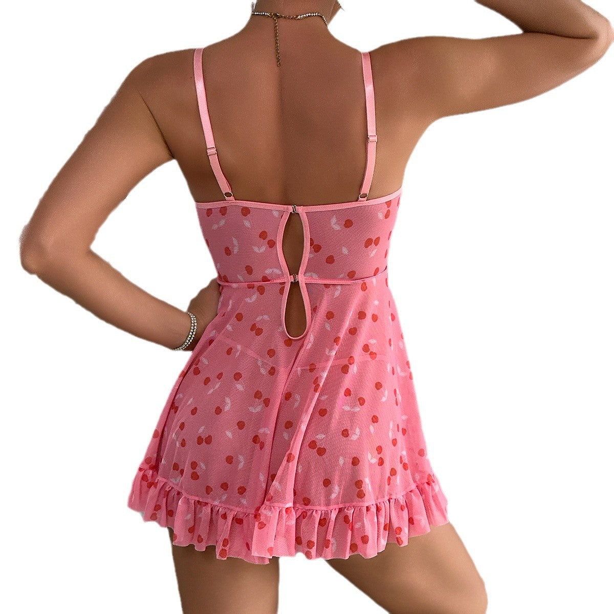 European Women's Fashionable Mesh Dress with Print, Strapless Hollow-out Design, Cute Girly Pink Camisole Nightgown Transparent Set - BAGMODA