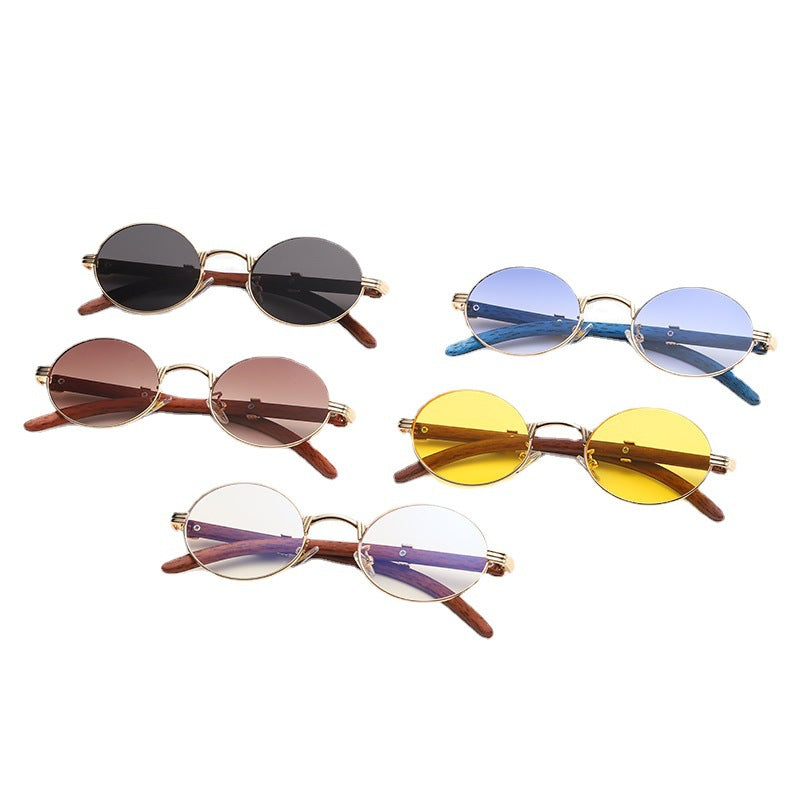 New Vintage Imitation Wood-Print Sunglasses Small Round Frame Sunglasses Men's Hipster Glasses