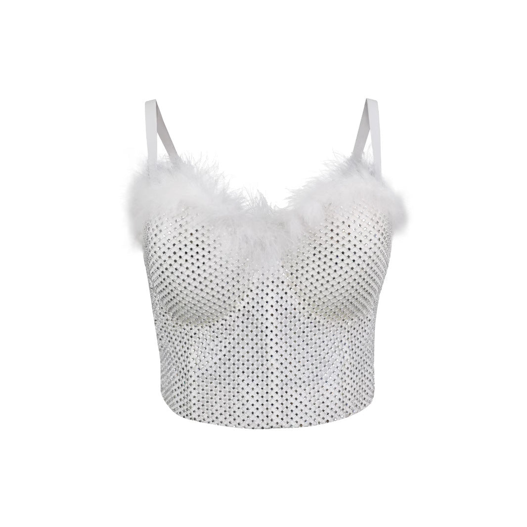 Lace-Up Back Fitted Camisole with Feather and Rhinestone Embellishments