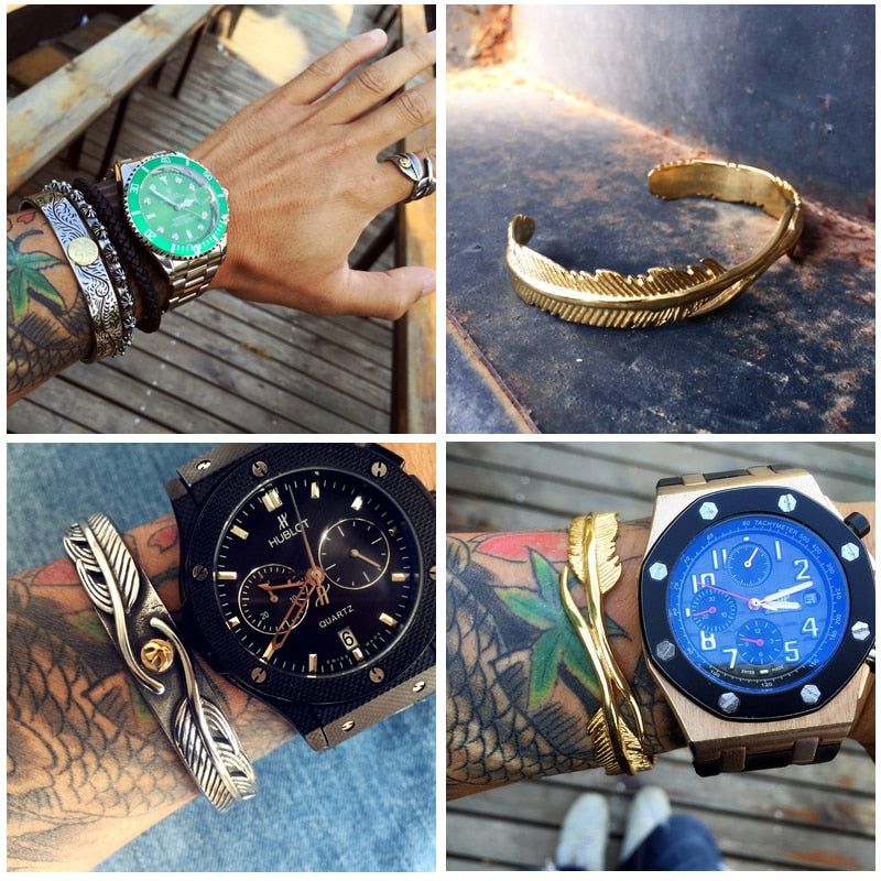 Pulseras de acero inoxidable para mujer, brazalete vikingo con águila y plumas, joyería de moda para hombre.