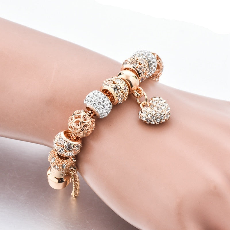 Pulseras y brazaletes de corazón dorado de moda para mujer, pulseras de cadena con dijes de cristal, joyería de moda, pulsera BT200176