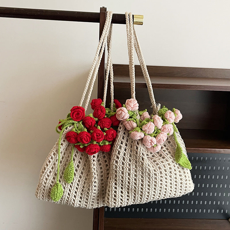 Bolso de hombro artístico para niña, tejido estilo perezoso con ramo de rosas de verano