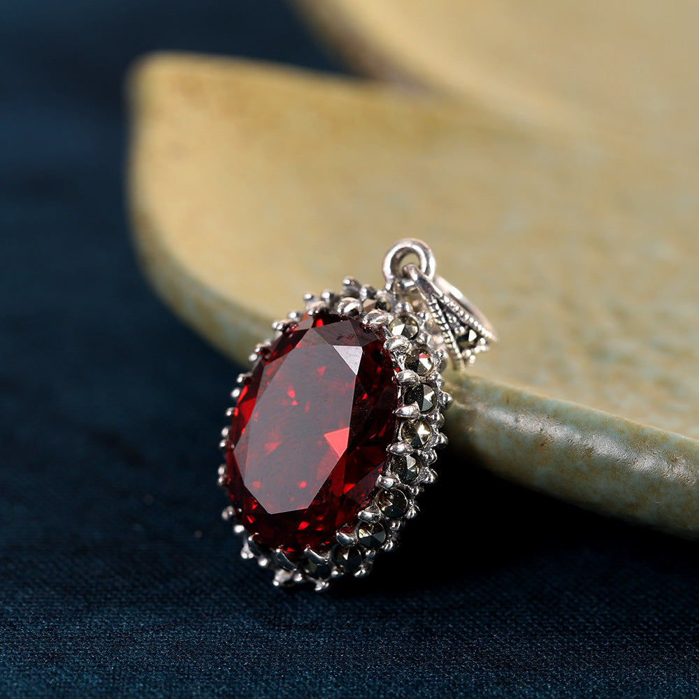 Simple Retro Style Cut Face Red Corundum Women's Pendant