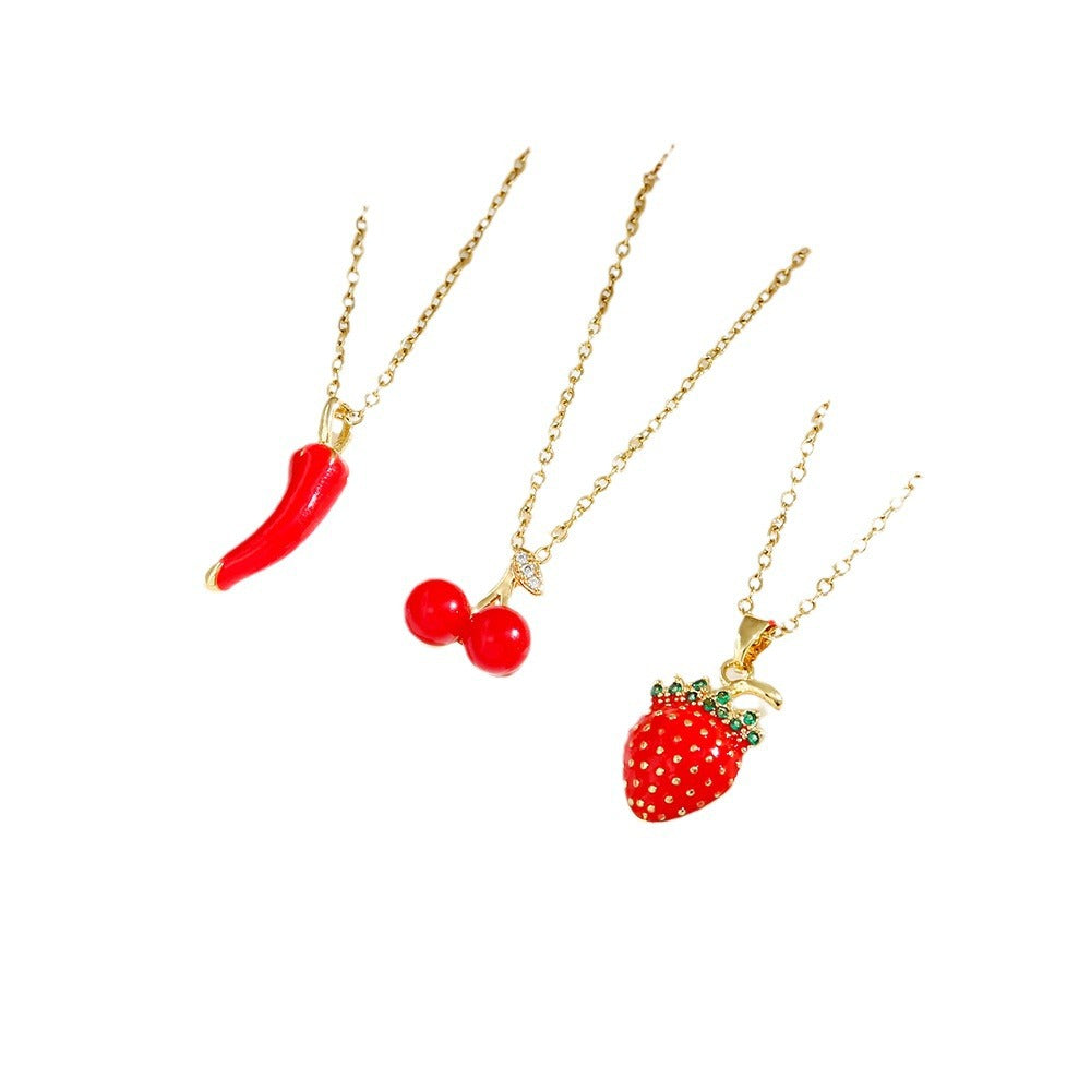 Red Delicate Indie Cherry Strawberry Pepper Necklace