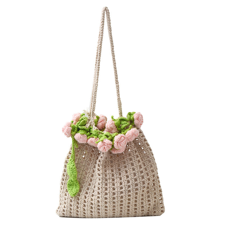 Bolso de hombro artístico para niña, tejido estilo perezoso con ramo de rosas de verano