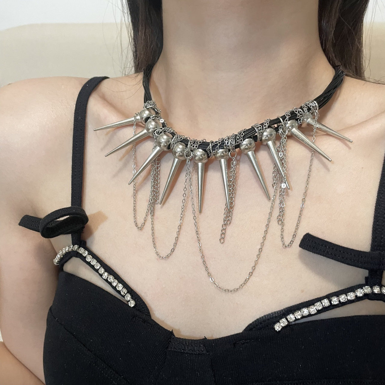 Rivet Round Beads Winding Tassel Necklace