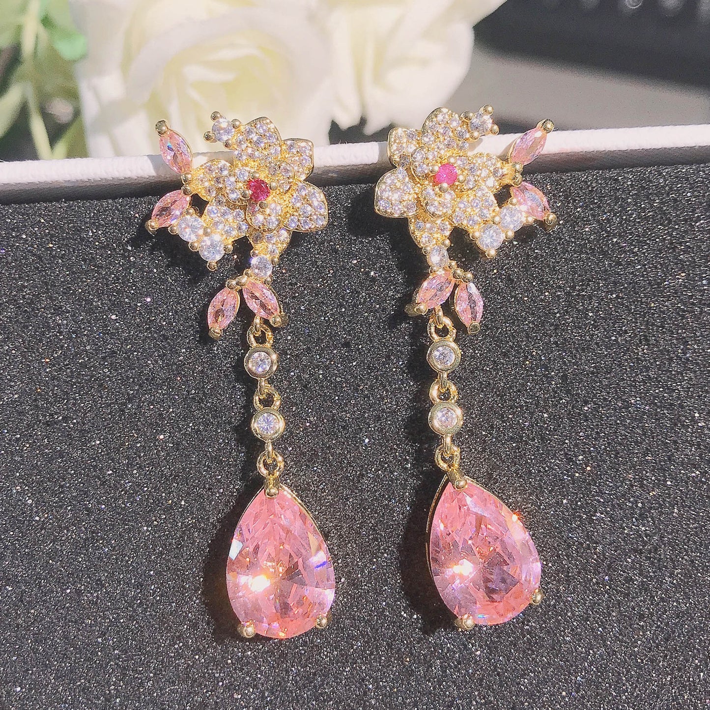 Flower Three-dimensional Rose Drop-shaped Gem Earrings