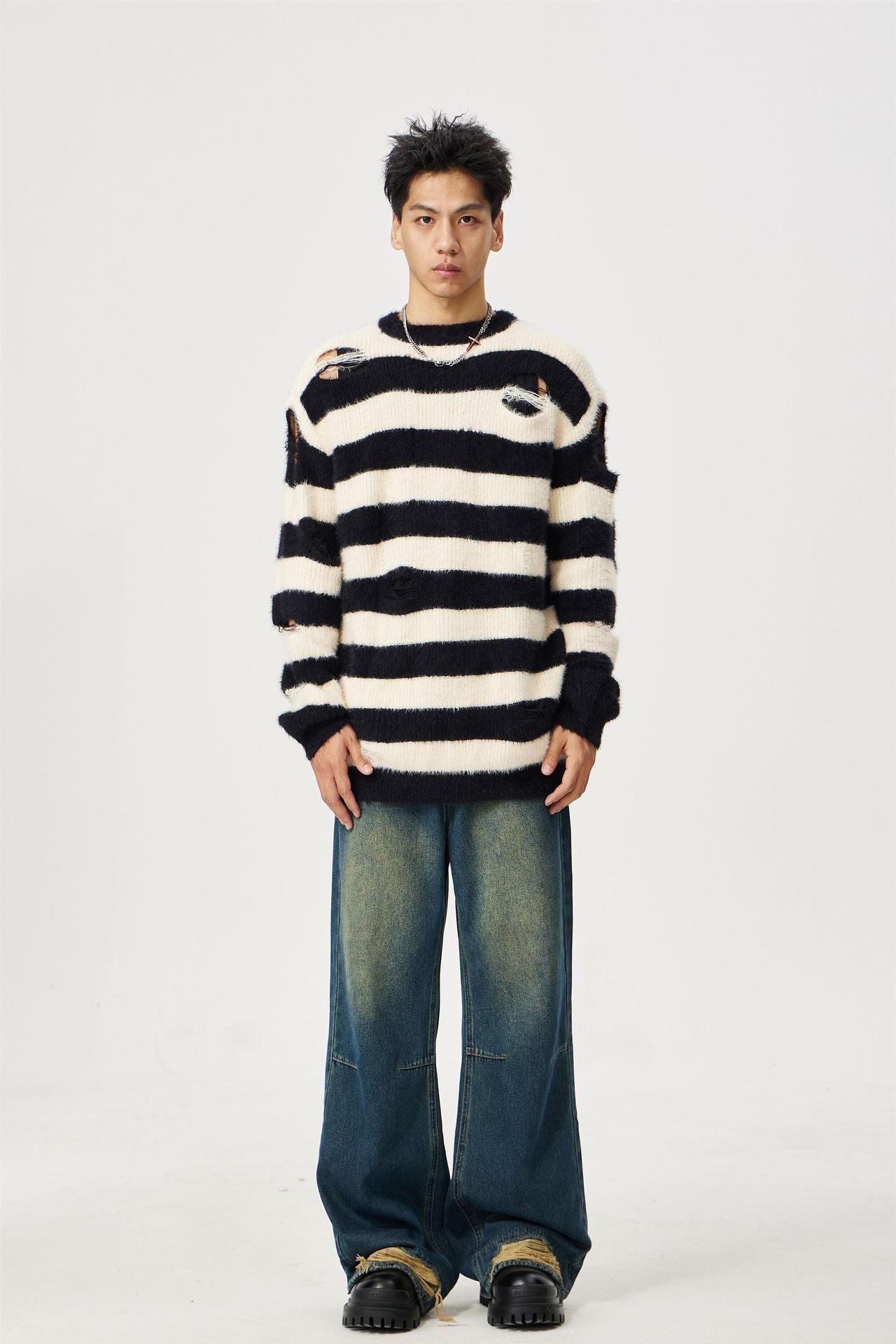 Men's And Women's Same Maychao Striped Round Neck Ripped Pullover Sweater