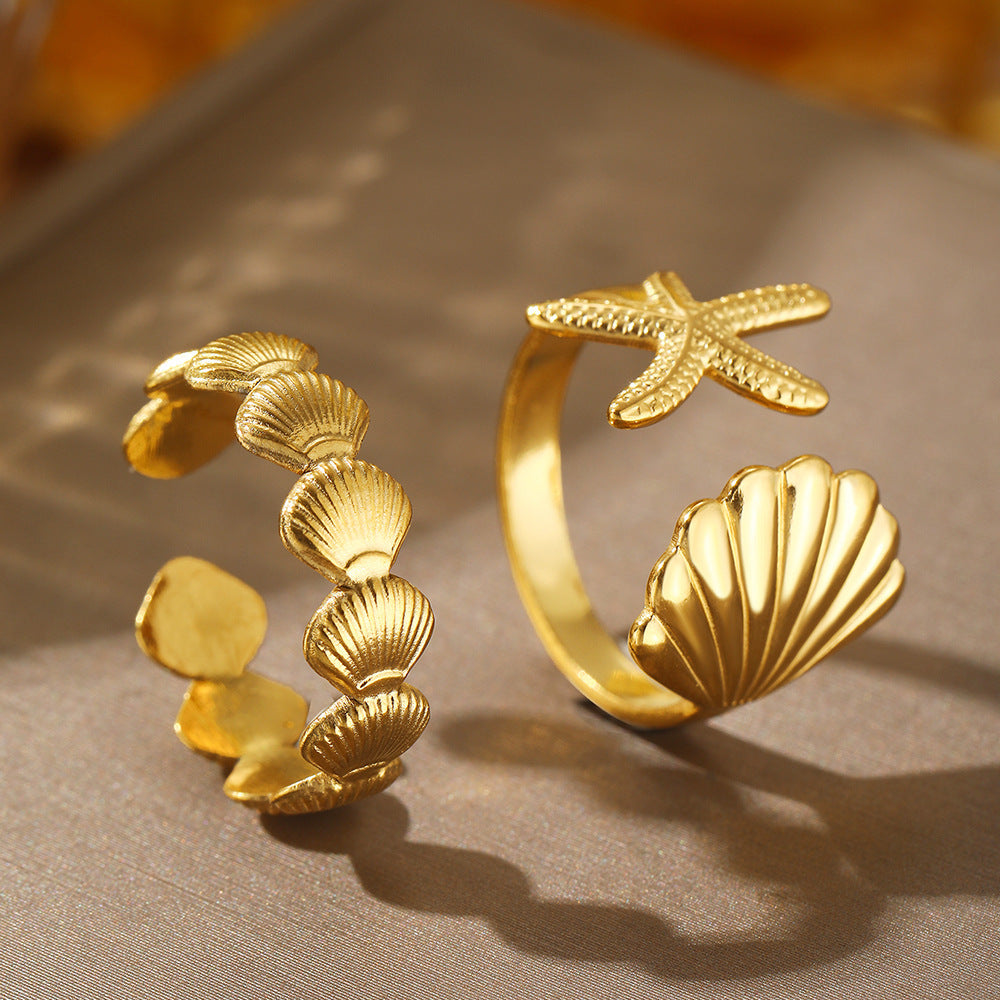 Marine Elements Vacation Style Shell Starfish Open Adjustable Ring For Women