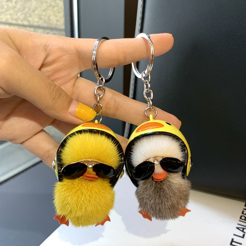 Mini Mink Hair Small Yellow Duck Car Key Ring Pendant Cute Plush Schoolbag Pendant Gift