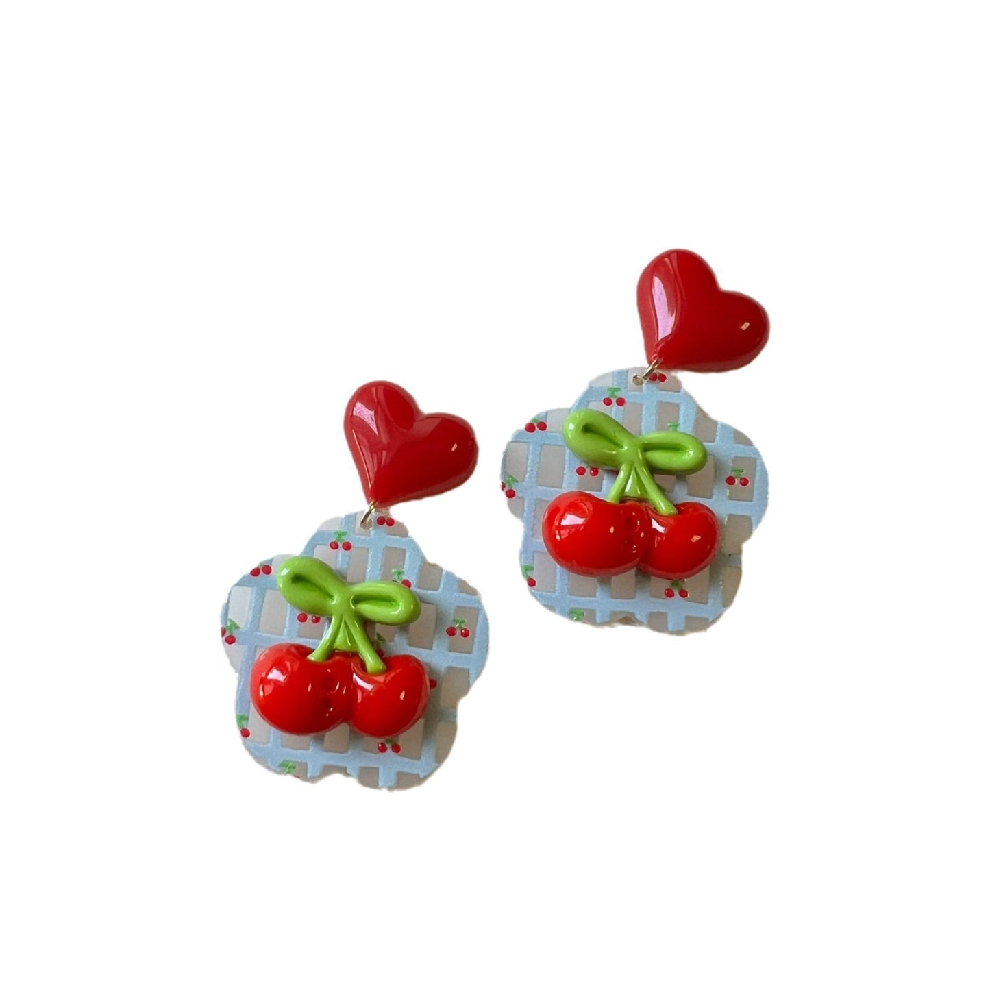 Spring And Summer Cute Cherry Plaid Earrings Girl Love Heart Stud Earrings