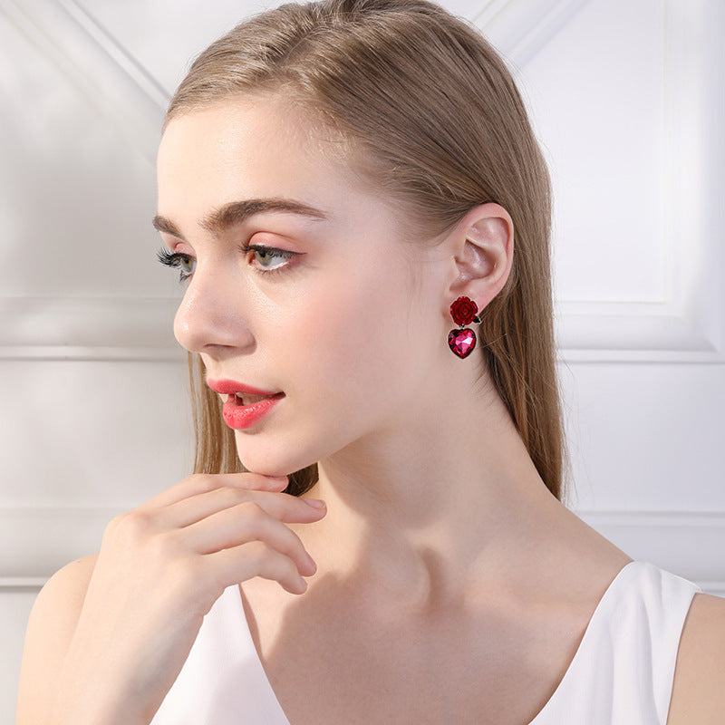 Exquisite Love Rose Earrings Mori Style Simple Heart-shaped