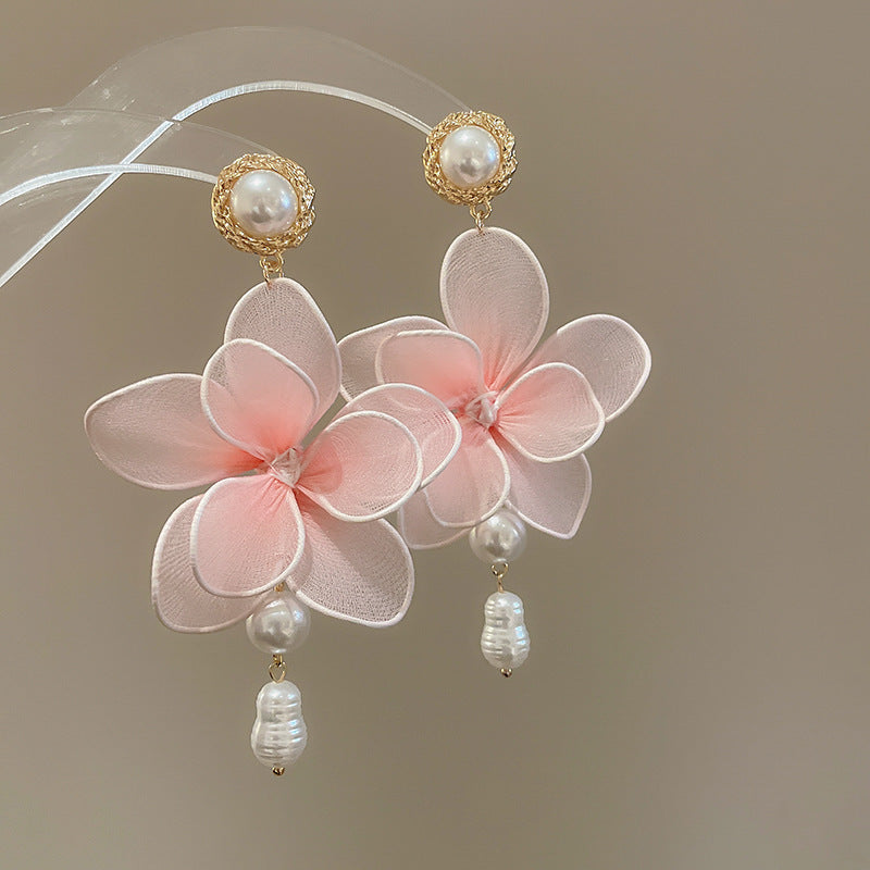 Silver Needle Fabric Flower Pendant Earrings For Women