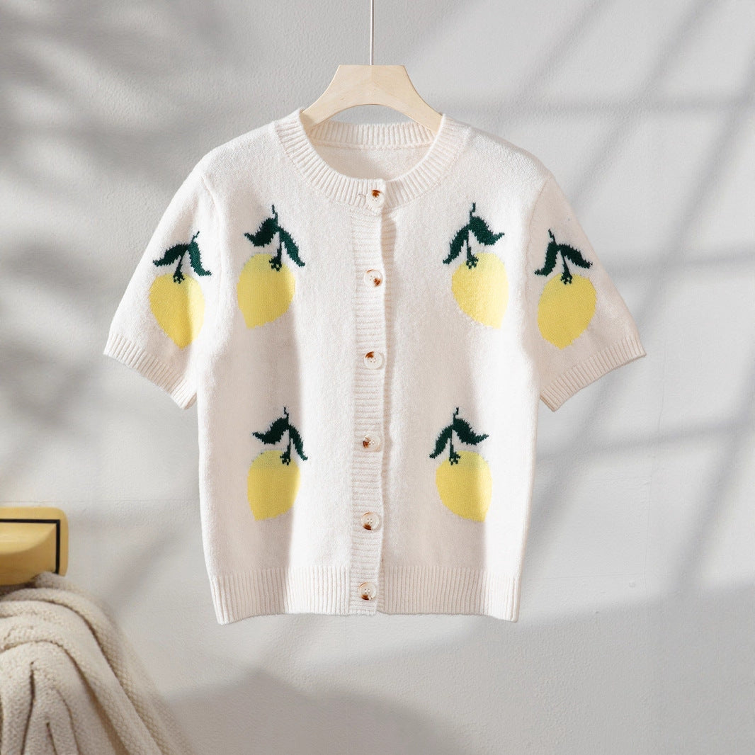 Mango Pattern Knitwear Casual Short Sleeve Button Sweater