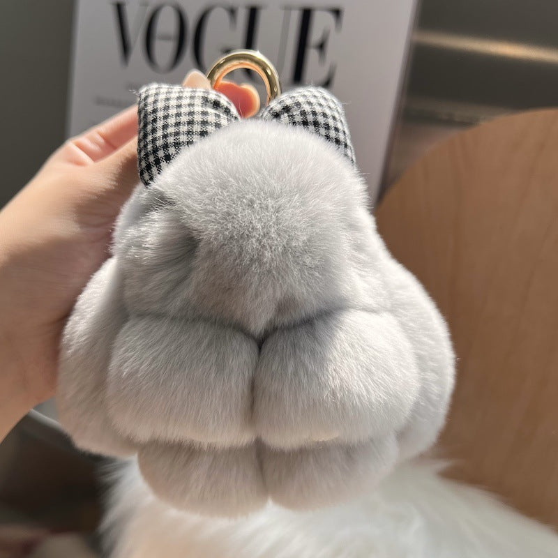 Cute Real Rex Rabbit Hair Bow Bunny Car Key Ring Pendant