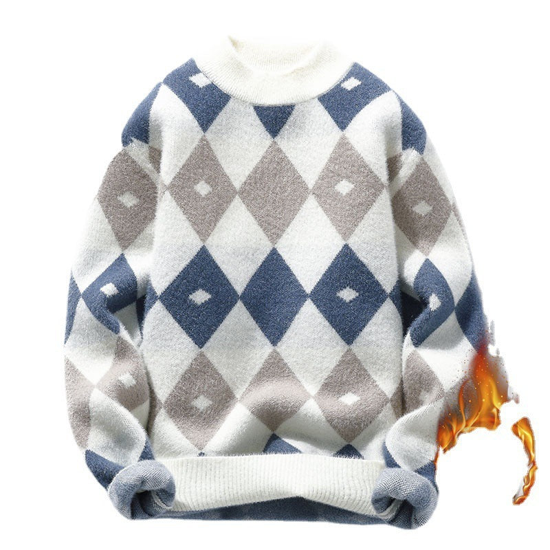 Personalized Knitting Men's Plush Thickened Top Long-sleeved Round Neck Sweater