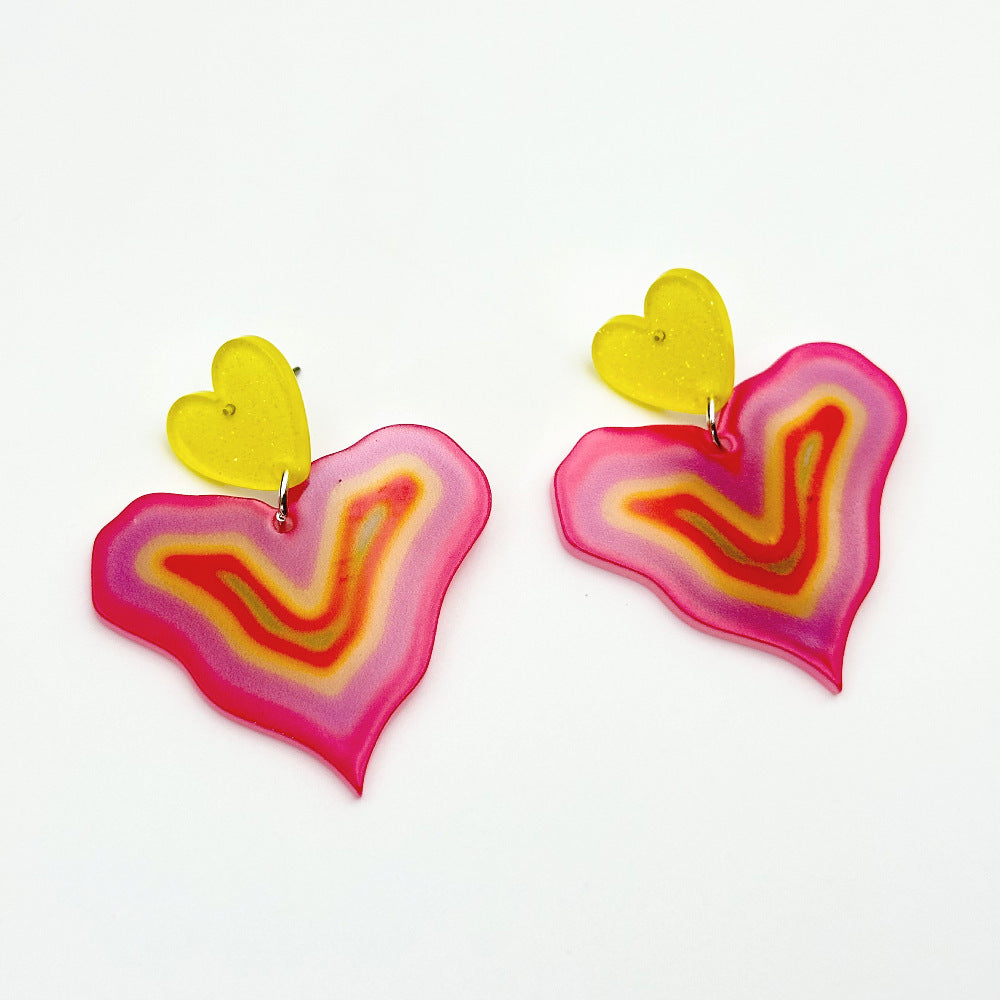 Color Printing Love Heart Acrylic Earrings
