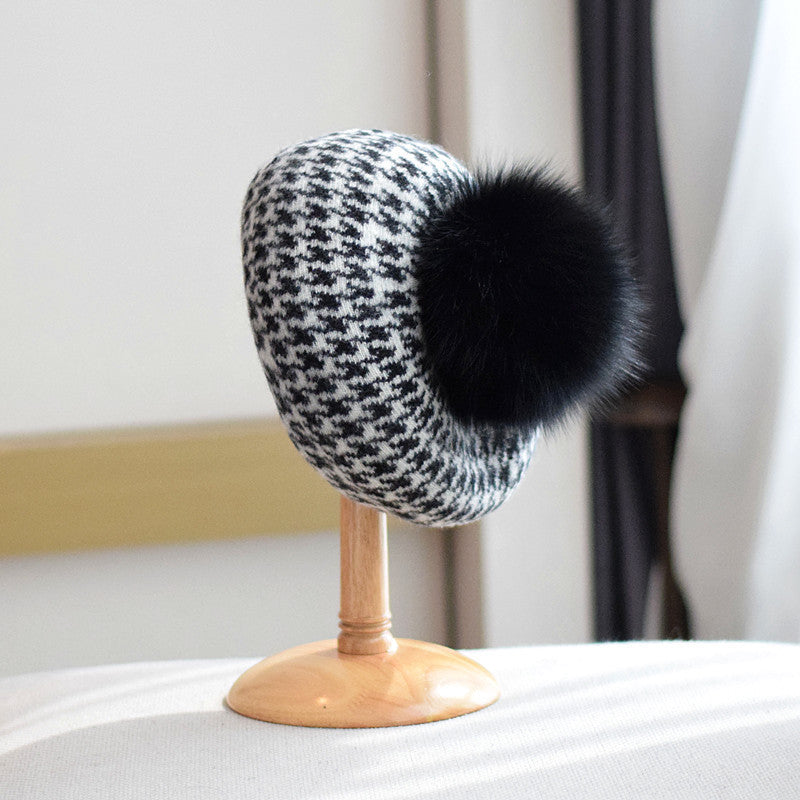 Women's Autumn And Winter Fox Fur Ball Knitted Octagonal Cap