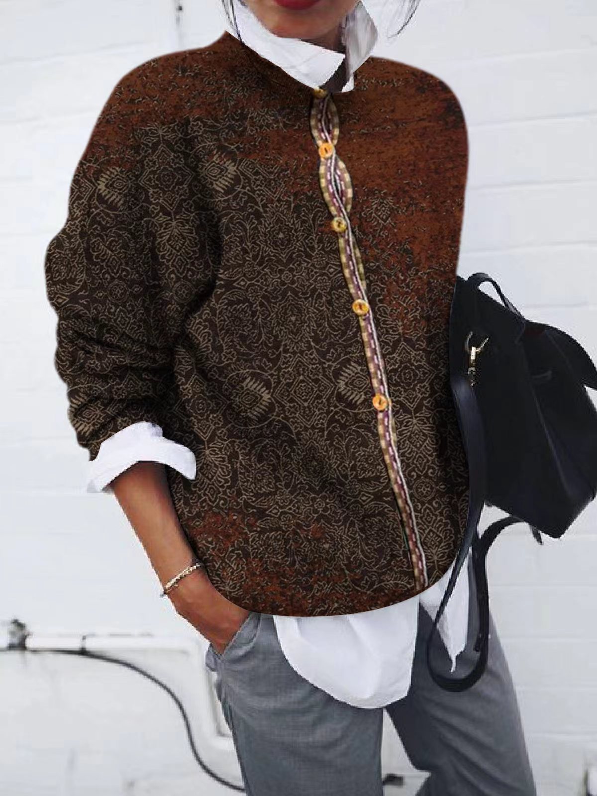 Fashionable Brushed Geometric Print Cardigan Long-sleeved Jacket