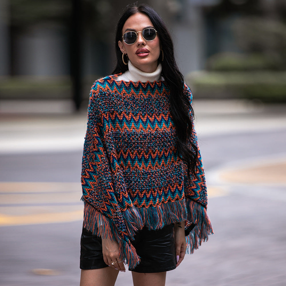 V-neck Cloak Type Twill Plaid Tassel Pullover Shawl Knitwear Sweater