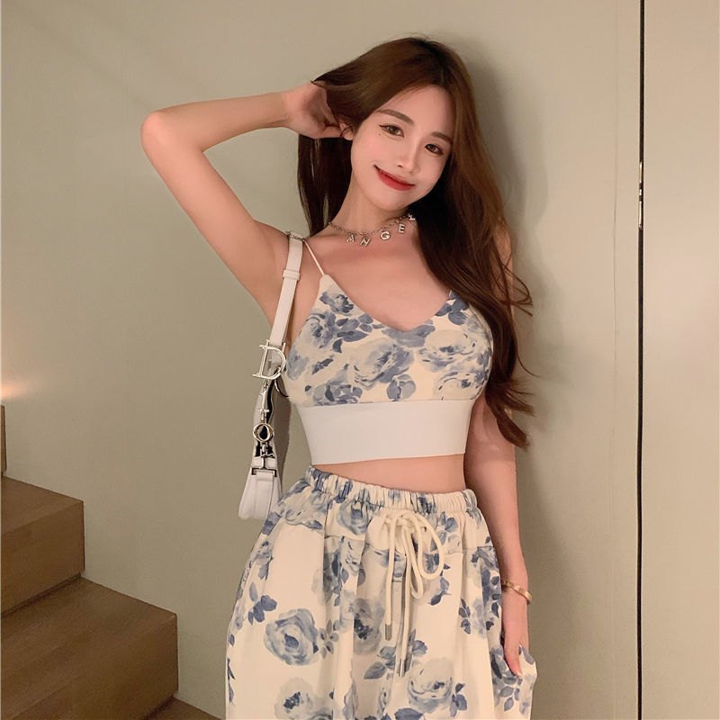 Suit Women Hong Kong Style Wide-leg Pants Design Suspender Top