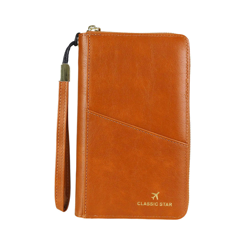 Cartera de cuero genuino con porta pasaporte y barrera RFID
