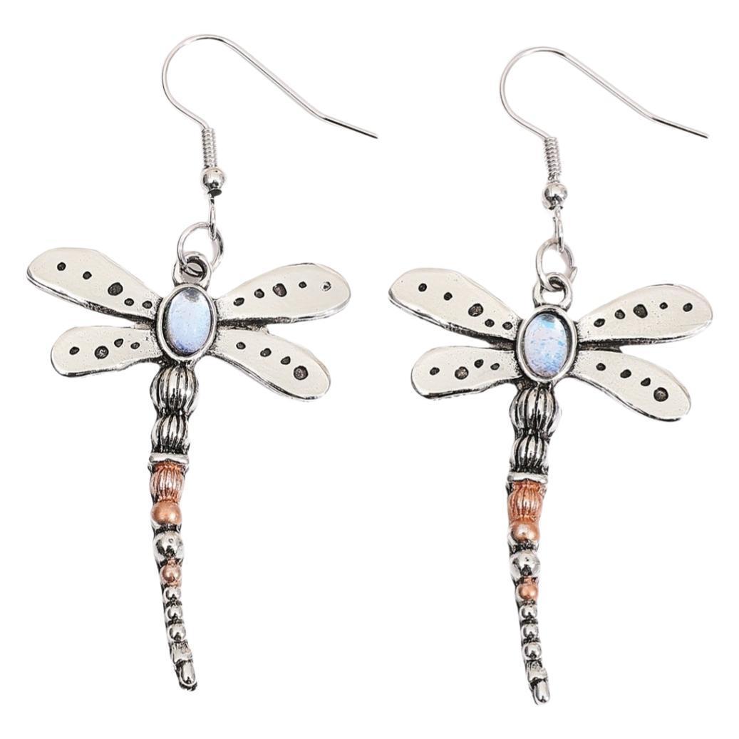 Hot Sale In Europe And America Retro Dragonfly Embedded Moonstone Earrings