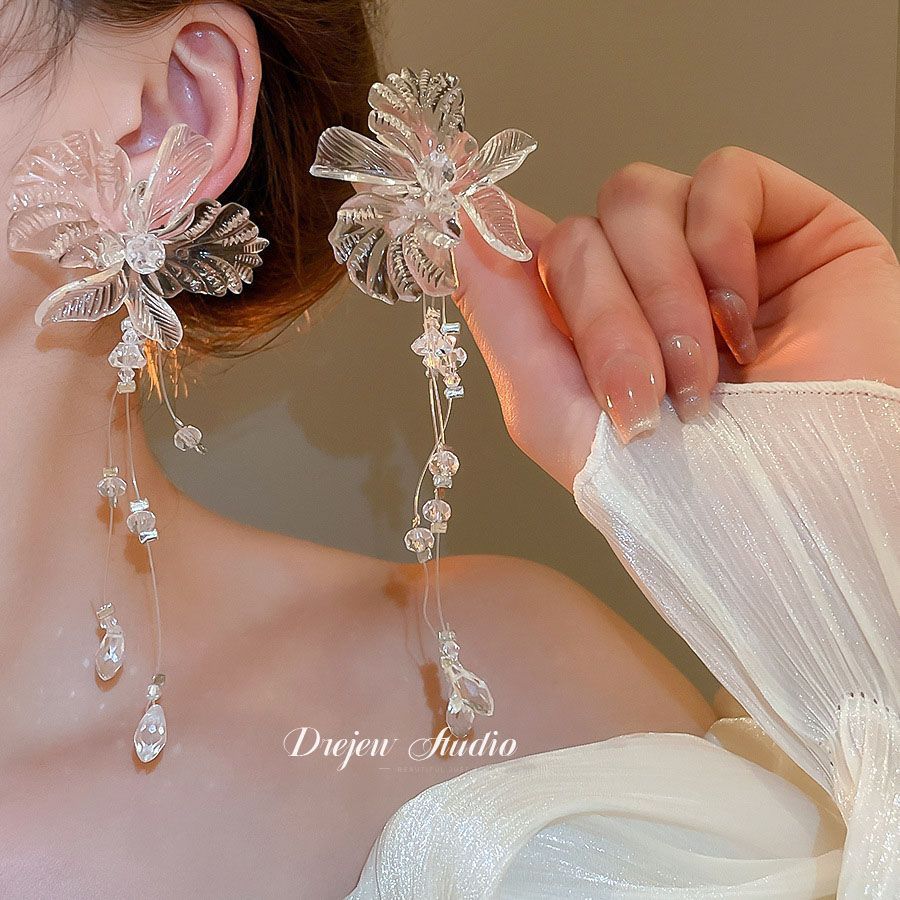 Silver Needle Fabric Flower Pendant Earrings For Women