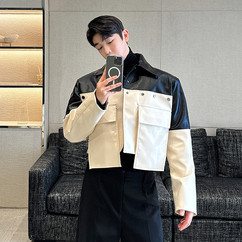 Autumn Large Pocket Color Contrast Patchwork Slim-fit Jacket