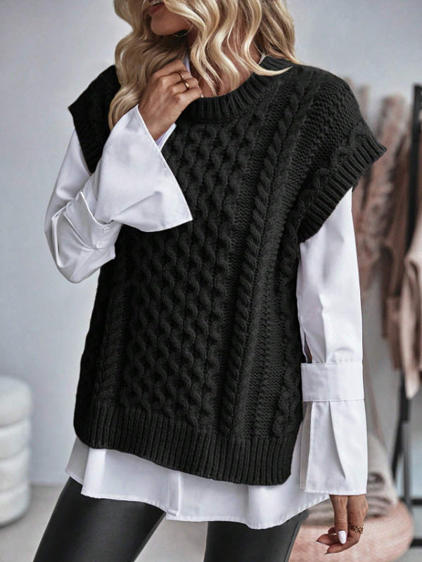 Women's Round Neck Sleeveless Knitwear Twist Thread Sweater