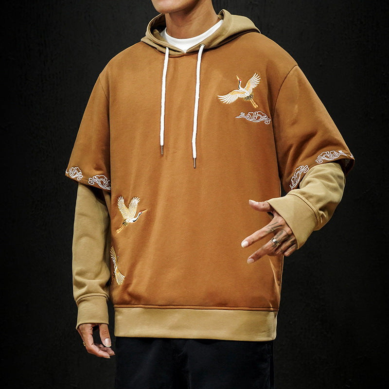 Crane Embroidered Hooded Long Sleeve Top