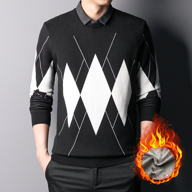 Plus Fleece Fake Two-piece Shirt Collar Men's Bottoming Shirt