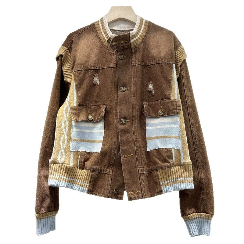 Stand Collar Knitted Stitching Contrast Color Design Minority All-match Coat