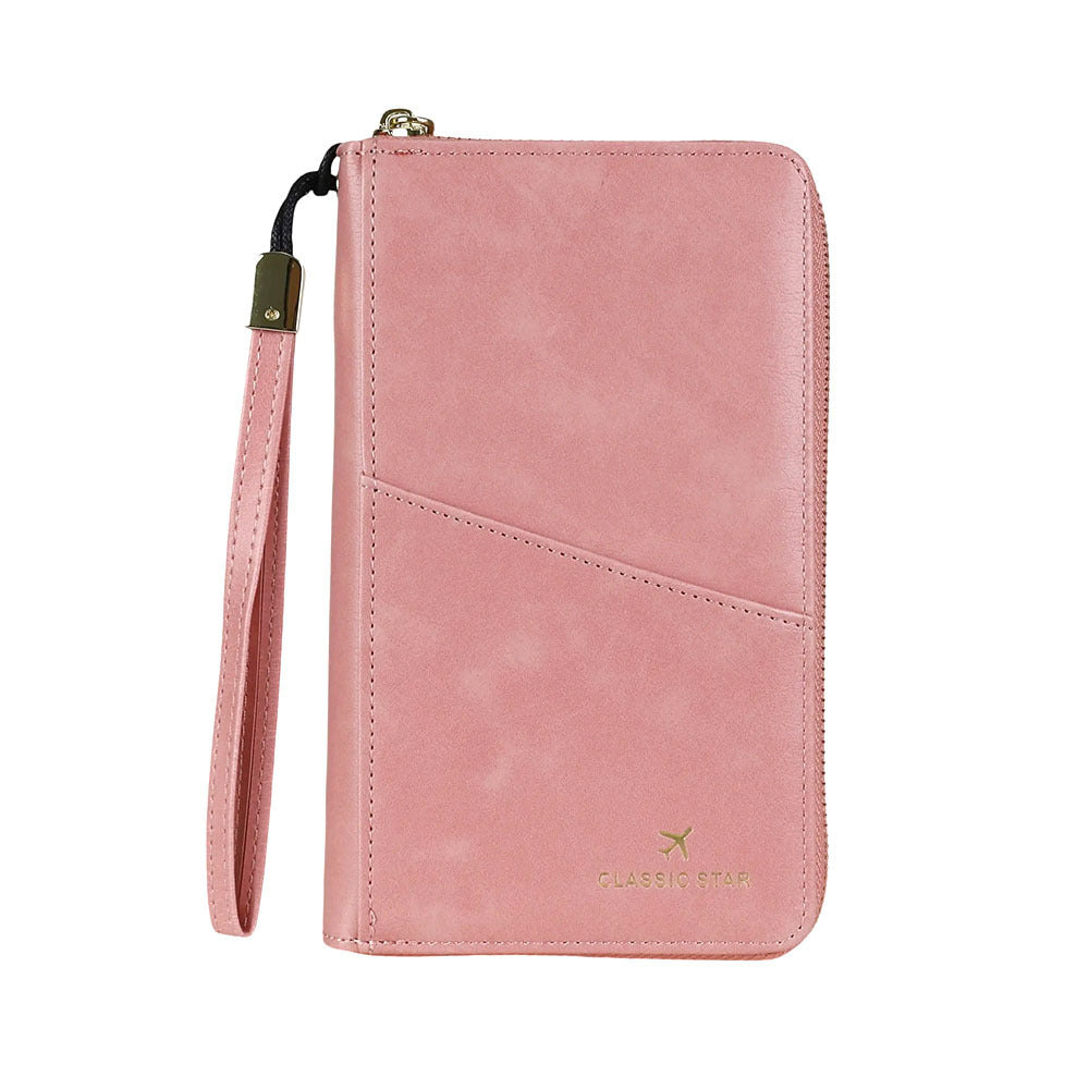 Cartera de cuero genuino con porta pasaporte y barrera RFID
